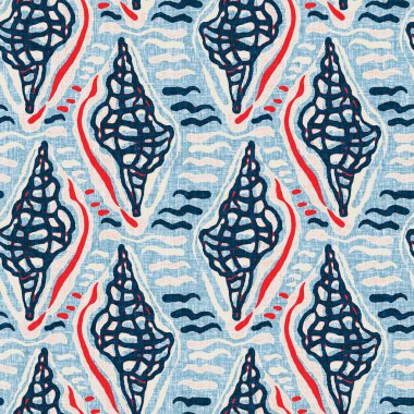 Indigo Blue Seashell deniz kabuğu kusursuz desen. Klasik nantucket kumaş, tekstil, blok baskı tarzında modern deniz kabuğu baskısı. Yaz 2 ton yüksek kontrastlı jpg fayans örneği