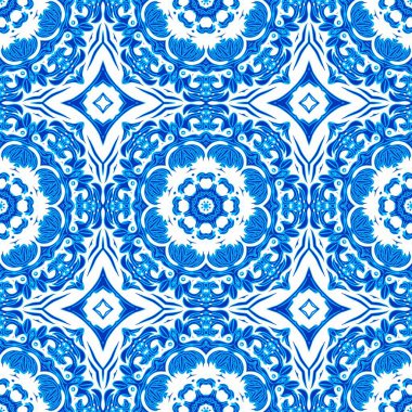 Mavi suluboya Azulejos fayans arka planı. Kusursuz kıyı geometrik çiçek mozaik etkisi. Yaz boyunca süslü Arabesk Şam Şam kumaşı tekrar eder.