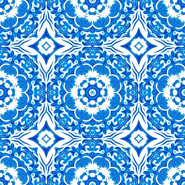 Blue white watercolor azulejos tile background. Seamless coastal geometric floral mosaic effect. Ornamental arabesque all over summer fashion damask repeat — Fotografia de Stock