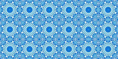 Mavi suluboya azulejo fayans kenar arkaplan. Kusursuz sahil geometrik çiçekli mozaik efekt afişi. Süslü arabesk yaz moda tekrar kenar süslemesi.