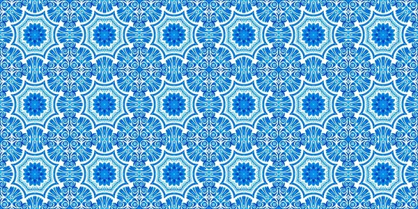 Blue white watercolor azulejo tile border background. Seamless coastal geometrical floral mosaic effect banner. Ornamental arabesque summer fashion repeat edge trim. — Stok fotoğraf
