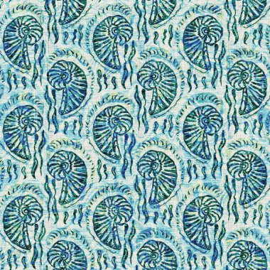 Ege Teal deniz kabuğu deniz kabuğu kusursuz desen. Grunge ev dekorasyonu kumaş tekstil ürünleri için soluk keten efekt arka planı. 