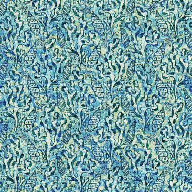 Ege Teal deniz kabuğu deniz kabuğu kusursuz desen. Grunge ev dekorasyonu kumaş tekstil ürünleri için soluk keten efekt arka planı. 