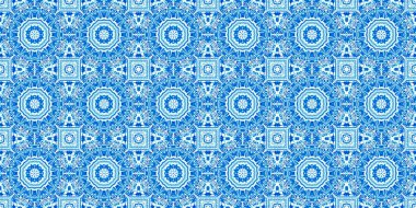 Mavi suluboya azulejo fayans kenar arkaplan. Kusursuz sahil geometrik çiçekli mozaik efekt afişi. Süslü arabesk yaz moda tekrar kenar süslemesi.