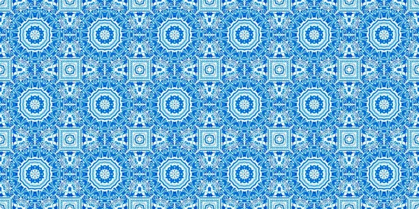 Azul branco aquarela azulejo azulejo fronteira fundo. Banner de efeito de mosaico floral geométrico costeiro sem costura. Ornamental arabesco verão moda repetição borda guarnição. — Fotografia de Stock