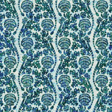 Ege Teal deniz kabuğu deniz kabuğu kusursuz desen. Grunge ev dekorasyonu kumaş tekstil ürünleri için soluk keten efekt arka planı. 