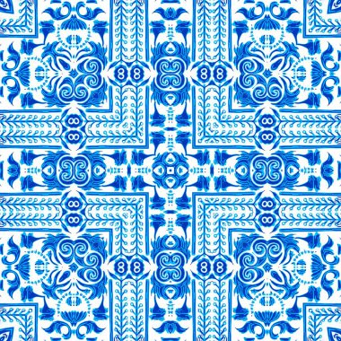 Mavi suluboya Azulejos fayans arka planı. Kusursuz kıyı geometrik çiçek mozaik etkisi. Yaz boyunca süslü Arabesk Şam Şam kumaşı tekrar eder.