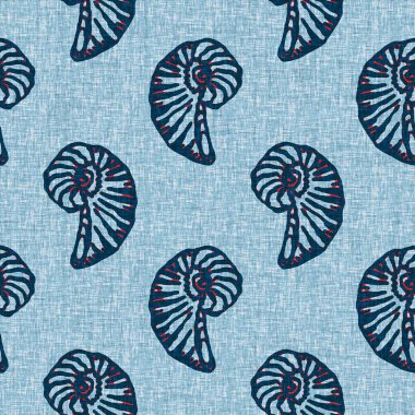 Indigo Blue Seashell deniz kabuğu kusursuz desen. Klasik nantucket kumaş, tekstil, blok baskı tarzında modern deniz kabuğu baskısı. Yaz 2 ton yüksek kontrastlı jpg fayans örneği