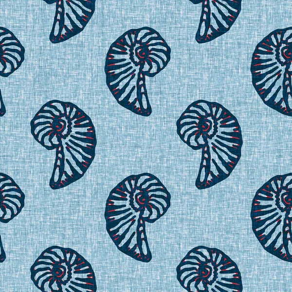 Indigo Blue Seashell nautisch naadloos patroon. Moderne marine shell print in klassieke nantucket stof textiel met de hand getekend blok print stijl. Zomer 2 Toon hoog contrast jpg tegel staal — Stockfoto