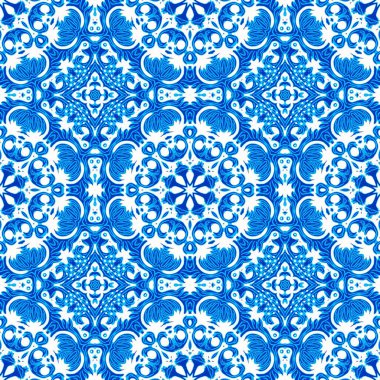 Mavi suluboya Azulejos fayans arka planı. Kusursuz kıyı geometrik çiçek mozaik etkisi. Yaz boyunca süslü Arabesk Şam Şam kumaşı tekrar eder.