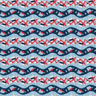 İndigo mavisi yatay kırık çizgili, denizdeki pürüzsüz desen. Modern deniz hattı çizgili denizci baskısı. Klasik Nantucket kumaş tarzı. Yaz deniz dekoru. Hazırsı erkeksi moda baskısı.