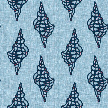  Klasik nantucket kumaş, tekstil, blok baskı tarzında modern deniz kabuğu baskısı. Yaz 2 ton yüksek kontrastlı jpg fayans örneği. Çivit mavisi deniz kabuğu kusursuz desen.