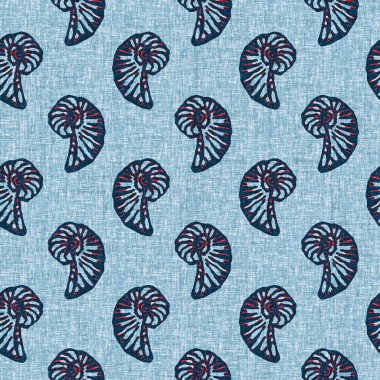  Klasik nantucket kumaş, tekstil, blok baskı tarzında modern deniz kabuğu baskısı. Yaz 2 ton yüksek kontrastlı jpg fayans örneği. Çivit mavisi deniz kabuğu kusursuz desen.