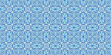  Seamless coastal geometrical floral mosaic effect banner. Ornamental arabesque summer fashion repeat edge trim.Blue white watercolor azulejo tile border background. 