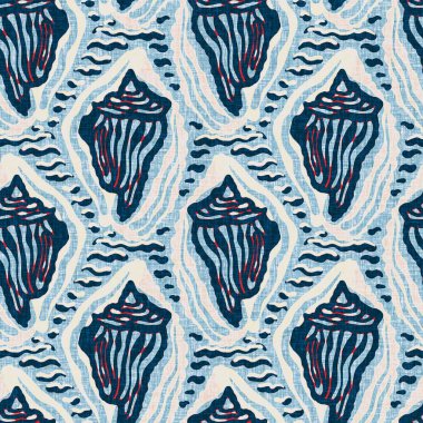  Klasik nantucket kumaş, tekstil, blok baskı tarzında modern deniz kabuğu baskısı. Yaz 2 ton yüksek kontrastlı jpg fayans örneği. Çivit mavisi deniz kabuğu kusursuz desen.