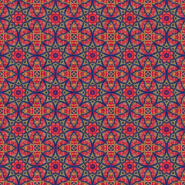  Kaleydoskopik çiçek desenli çok yönlü maskülen kırmızı eşarp izi. Hint boho yaz bandanası dikişsiz simetrik desen..