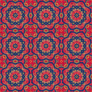  Kaleydoskopik çiçek desenli çok yönlü maskülen kırmızı eşarp izi. Hint boho yaz bandanası dikişsiz simetrik desen..