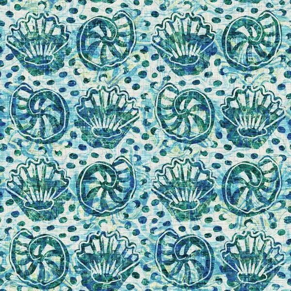 Grunge distress faded linen effect background for marine home decor fabric textiles. Aegean Teal seashell nautical sealife seamless pattern.