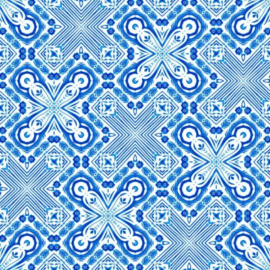  Seamless coastal geometric floral mosaic effect. Ornamental arabesque all over summer fashion damask repeat.Blue white watercolor azulejos tile background.