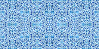  Kusursuz sahil geometrik çiçekli mozaik efekt afişi. Süslü arabesk yaz moda tekrarı. Mavi suluboya azulejo kenar arkaplan. 