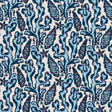  Klasik nantucket kumaş, tekstil, blok baskı tarzında modern deniz kabuğu baskısı. Yaz 2 ton yüksek kontrastlı jpg fayans örneği. Çivit mavisi deniz kabuğu kusursuz desen.