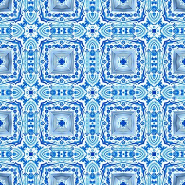  Kusursuz kıyı geometrik çiçek mozaik etkisi. Yaz boyunca süslemeli arabesk kumaşı. Mavi suluboya Azulejos fayans arka planı.. 