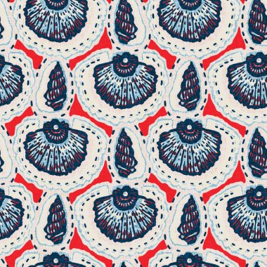  Klasik nantucket kumaş, tekstil, blok baskı tarzında modern deniz kabuğu baskısı. Yaz 2 ton yüksek kontrastlı jpg fayans örneği. Çivit mavisi deniz kabuğu kusursuz desen.