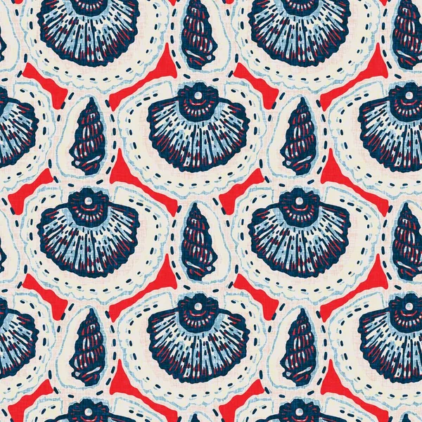  Klasik nantucket kumaş, tekstil, blok baskı tarzında modern deniz kabuğu baskısı. Yaz 2 ton yüksek kontrastlı jpg fayans örneği. Çivit mavisi deniz kabuğu kusursuz desen.