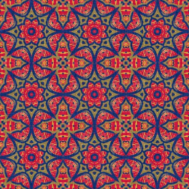  Kaleydoskopik çiçek desenli çok yönlü maskülen kırmızı eşarp izi. Hint boho yaz bandanası dikişsiz simetrik desen..