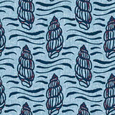  Klasik nantucket kumaş, tekstil, blok baskı tarzında modern deniz kabuğu baskısı. Yaz 2 ton yüksek kontrastlı jpg fayans örneği. Çivit mavisi deniz kabuğu kusursuz desen.