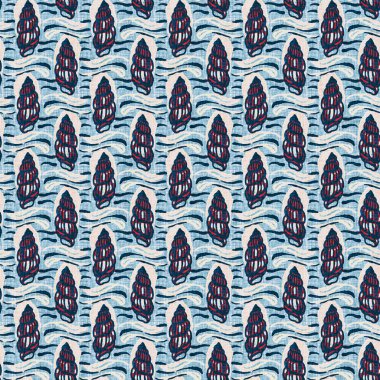  Klasik nantucket kumaş, tekstil, blok baskı tarzında modern deniz kabuğu baskısı. Yaz 2 ton yüksek kontrastlı jpg fayans örneği. Çivit mavisi deniz kabuğu kusursuz desen.
