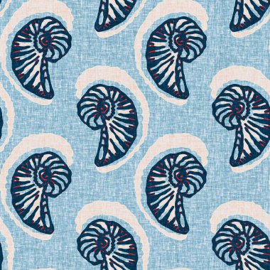  Klasik nantucket kumaş, tekstil, blok baskı tarzında modern deniz kabuğu baskısı. Yaz 2 ton yüksek kontrastlı jpg fayans örneği. Çivit mavisi deniz kabuğu kusursuz desen.