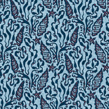  Klasik nantucket kumaş, tekstil, blok baskı tarzında modern deniz kabuğu baskısı. Yaz 2 ton yüksek kontrastlı jpg fayans örneği. Çivit mavisi deniz kabuğu kusursuz desen.