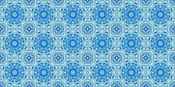 Seamless coastal geometrical floral mosaic effect banner. Ornamental arabesque summer fashion repeat edge trim.Blue white watercolor azulejo tile border background.