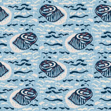  Klasik nantucket kumaş, tekstil, blok baskı tarzında modern deniz kabuğu baskısı. Yaz 2 ton yüksek kontrastlı jpg fayans örneği. Çivit mavisi deniz kabuğu kusursuz desen.