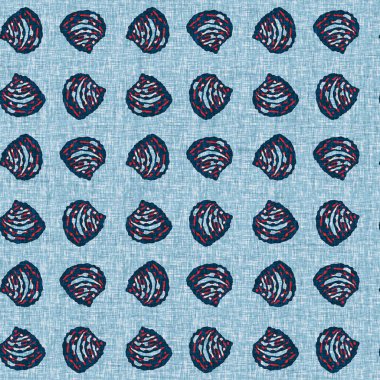  Klasik nantucket kumaş, tekstil, blok baskı tarzında modern deniz kabuğu baskısı. Yaz 2 ton yüksek kontrastlı jpg fayans örneği. Çivit mavisi deniz kabuğu kusursuz desen.