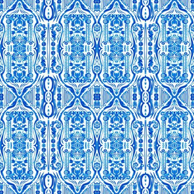  Kusursuz kıyı geometrik çiçek mozaik etkisi. Yaz boyunca süslemeli arabesk kumaşı. Mavi suluboya Azulejos fayans arka planı..