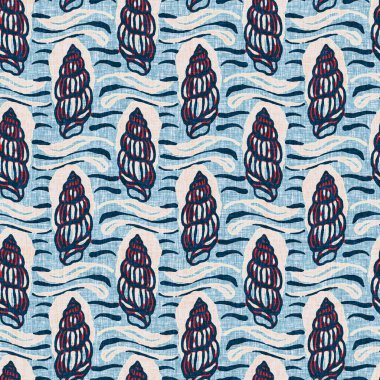 Klasik nantucket kumaş, tekstil, blok baskı tarzında modern deniz kabuğu baskısı. Yaz 2 ton yüksek kontrastlı jpg fayans örneği. Çivit mavisi deniz kabuğu kusursuz desen.