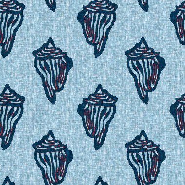  Klasik nantucket kumaş, tekstil, blok baskı tarzında modern deniz kabuğu baskısı. Yaz 2 ton yüksek kontrastlı jpg fayans örneği. Çivit mavisi deniz kabuğu kusursuz desen.