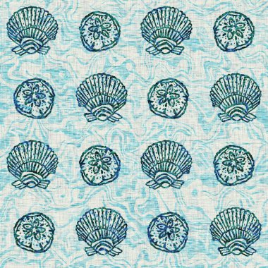  Grunge, ev dekorasyonu kumaş tekstil ürünleri için solgun keten efekt arka planı. Ege Teal deniz kabuğu deniz kabuğu kusursuz desen.