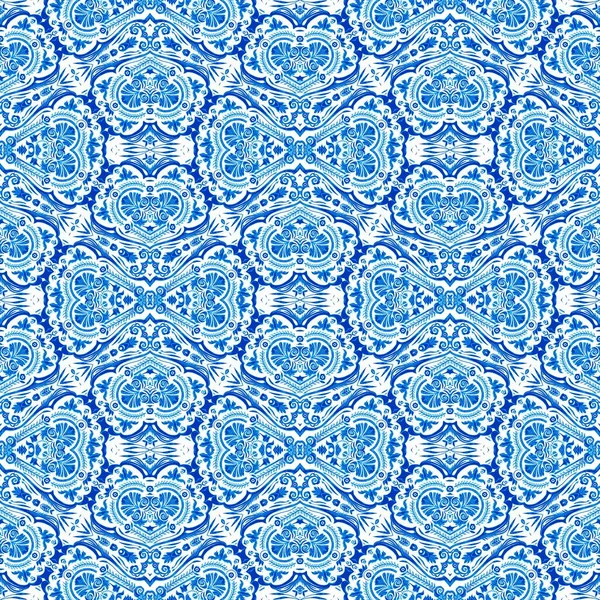 Seamless coastal geometric floral mosaic effect. Ornamental arabesque all over summer fashion damask repeat.Blue white watercolour azulejos tile background.