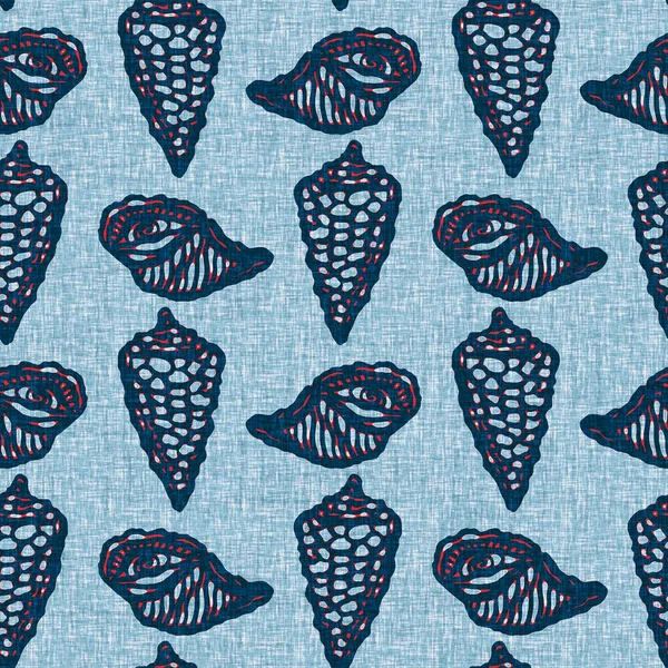 Modern marine shell print in classic nantucket fabric textile hand drawn block print style. Summer 2 tone high contrast jpg tile swatch. Indigo Blue Seashell nautical seamless pattern.