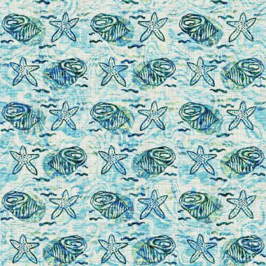  Grunge, ev dekorasyonu kumaş tekstil ürünleri için solgun keten efekt arka planı. Ege Teal deniz kabuğu deniz kabuğu kusursuz desen.