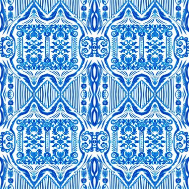  Kusursuz kıyı geometrik çiçek mozaik etkisi. Yaz boyunca süslemeli arabesk kumaşı. Mavi suluboya Azulejos fayans arka planı..