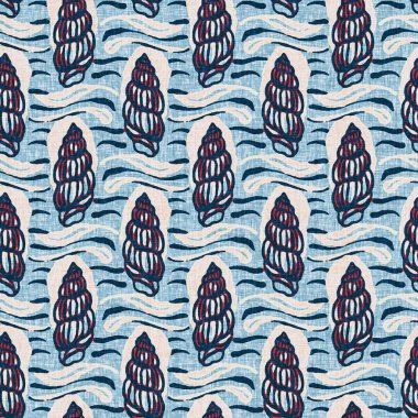  Klasik nantucket kumaş, tekstil, blok baskı tarzında modern deniz kabuğu baskısı. Yaz 2 ton yüksek kontrastlı jpg fayans örneği. Çivit mavisi deniz kabuğu kusursuz desen.