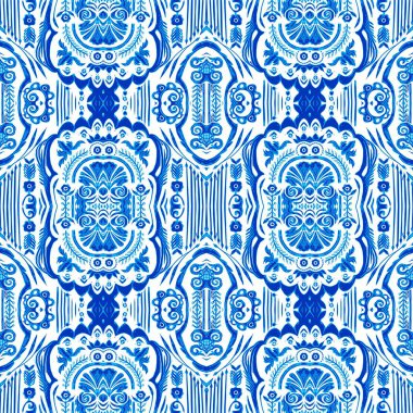  Kusursuz kıyı geometrik çiçek mozaik etkisi. Yaz boyunca süslemeli arabesk kumaşı. Mavi suluboya Azulejos fayans arka planı..