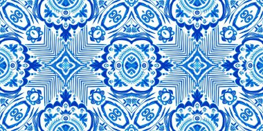  Kusursuz sahil geometrik çiçekli mozaik efekt afişi. Süslü arabesk yaz moda tekrarı. Mavi suluboya azulejo fayans kenar arkaplanı.