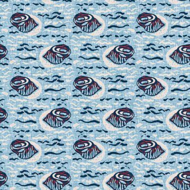  Klasik nantucket kumaş, tekstil, blok baskı tarzında modern deniz kabuğu baskısı. Yaz 2 ton yüksek kontrastlı jpg fayans örneği. Çivit mavisi deniz kabuğu kusursuz desen.