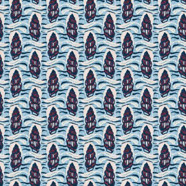  Klasik nantucket kumaş, tekstil, blok baskı tarzında modern deniz kabuğu baskısı. Yaz 2 ton yüksek kontrastlı jpg fayans örneği. Çivit mavisi deniz kabuğu kusursuz desen.