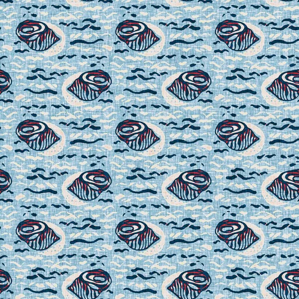 Modern marine shell print in classic nantucket fabric textile hand drawn block print style. Summer 2 tone high contrast jpg tile swatch. Indigo Blue Seashell nautical seamless pattern.